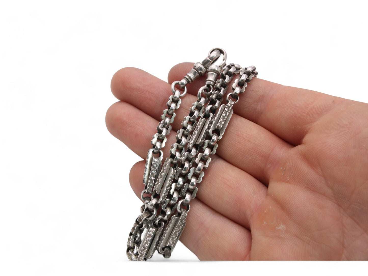 Antique Sterling Silver Fancy Star Link Double Albert Chain, 15.75"