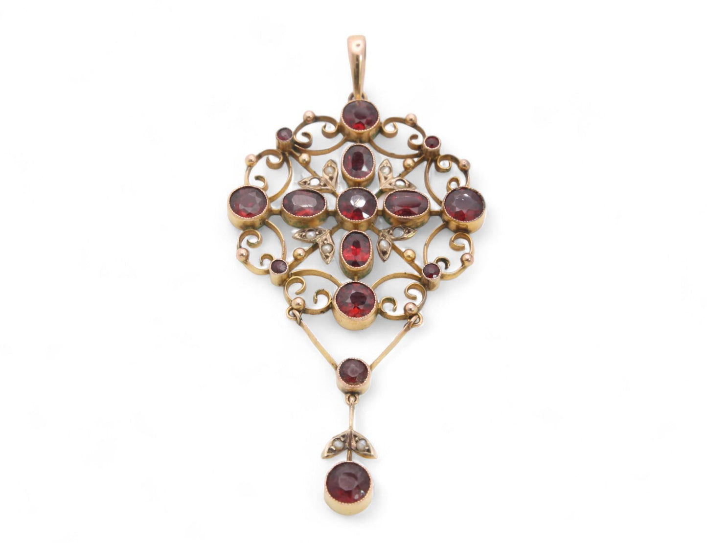 Antique Edwardian 9ct Gold Garnet & Pearl Pendant