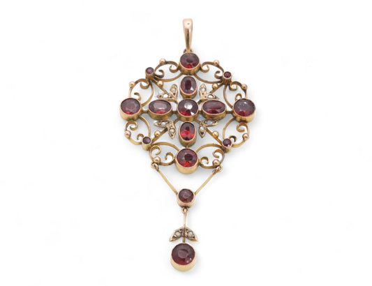 Antique Edwardian 9ct Gold Garnet & Pearl Pendant