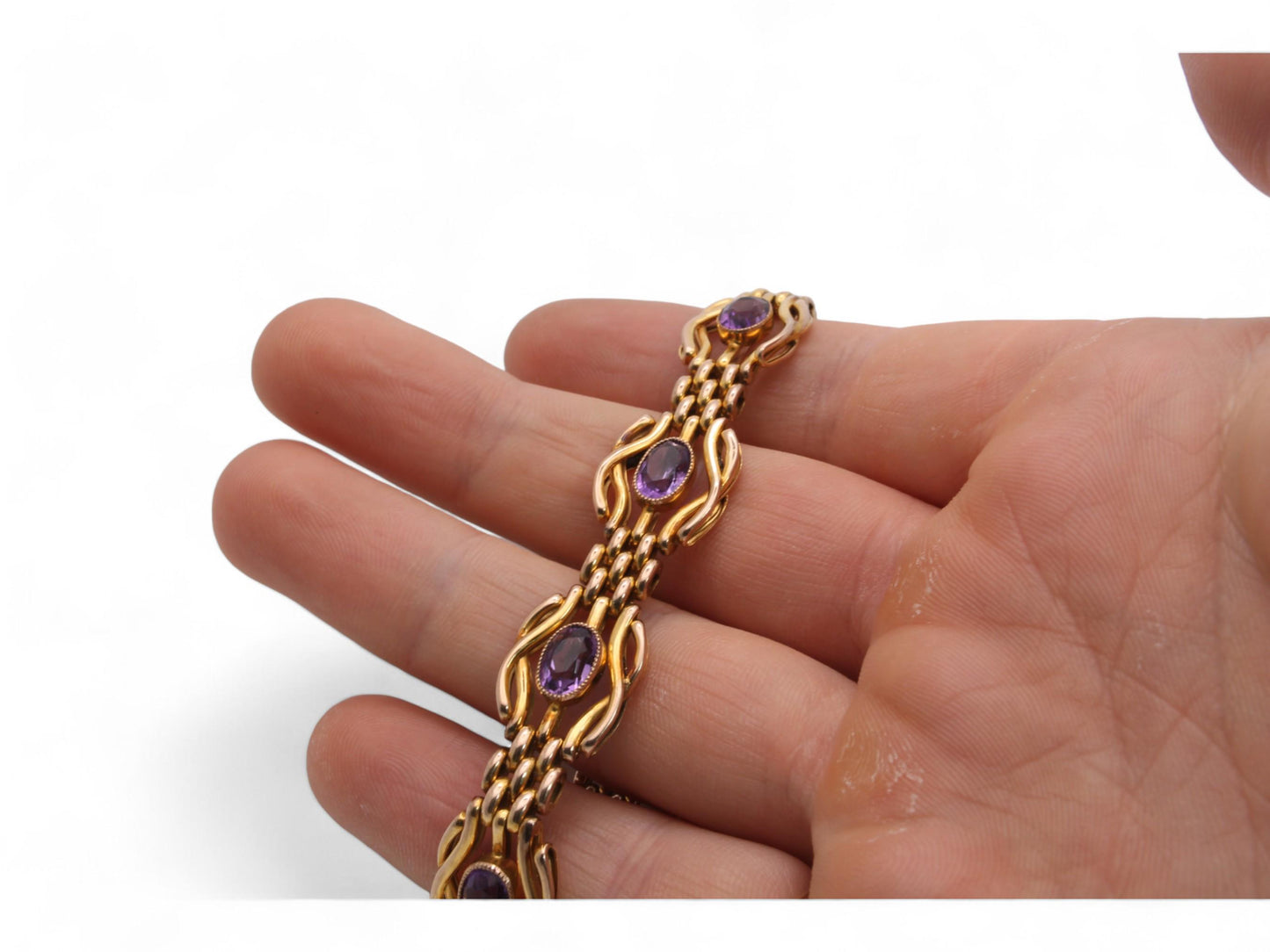 Antique 9ct Gold Amethyst Gate Bracelet With Heart Padlock, 19g