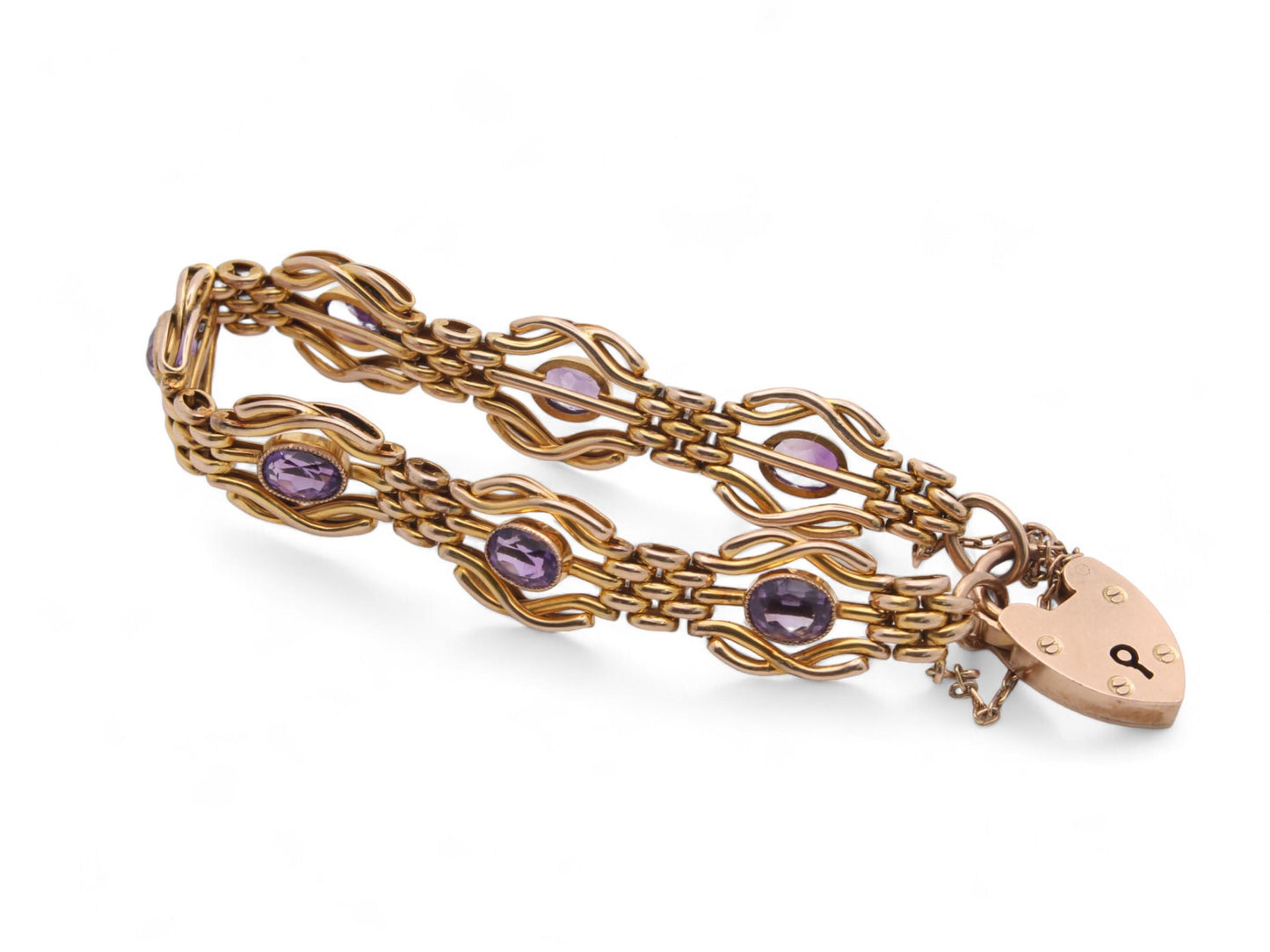 Antique 9ct Gold Amethyst Gate Bracelet With Heart Padlock, 19g