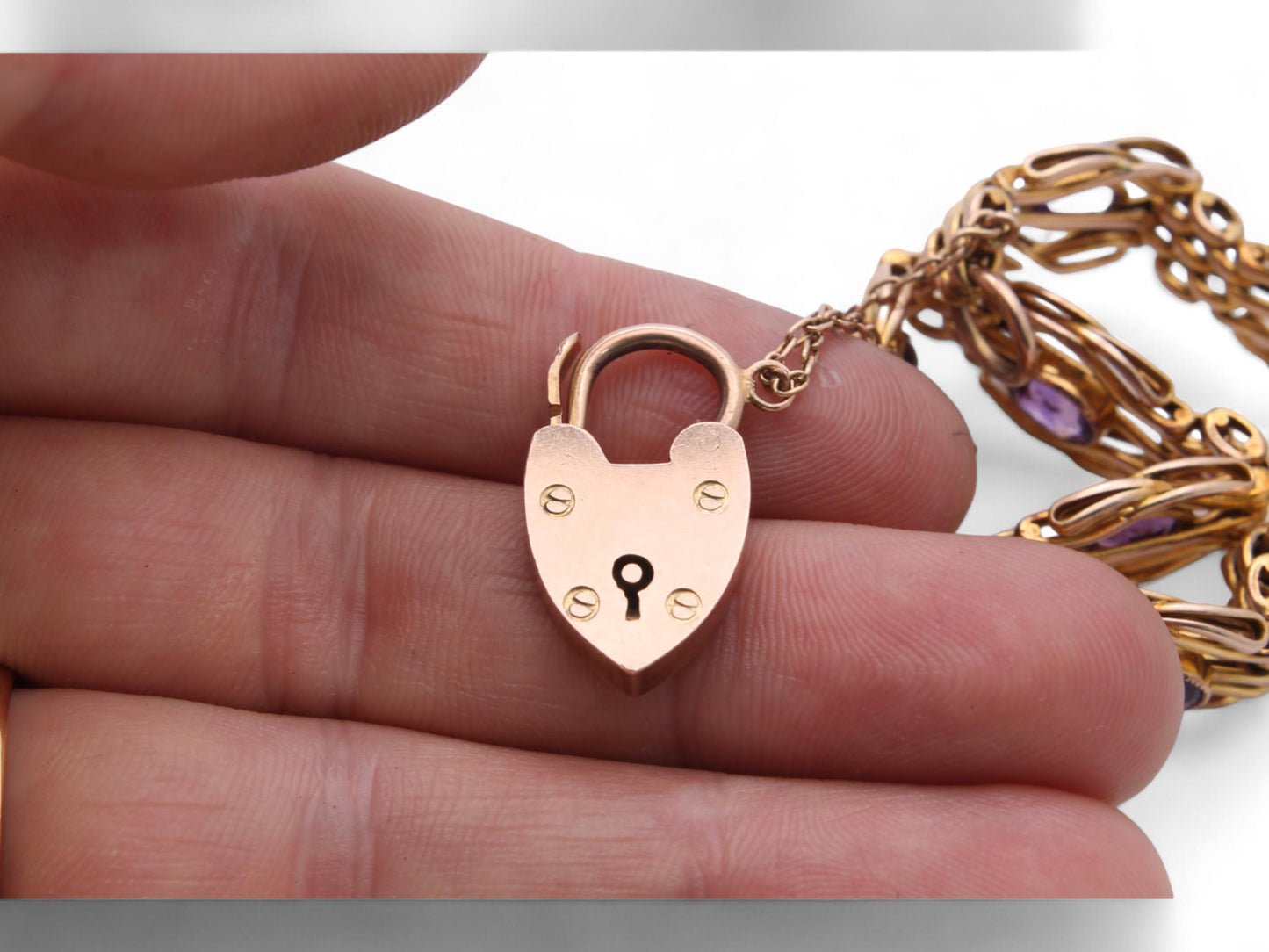 Antique 9ct Gold Amethyst Gate Bracelet With Heart Padlock, 19g