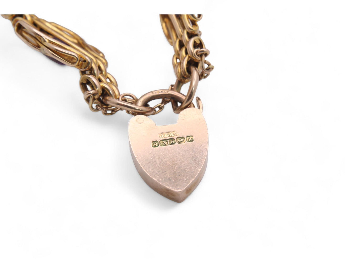 Antique 9ct Gold Amethyst Gate Bracelet With Heart Padlock, 19g