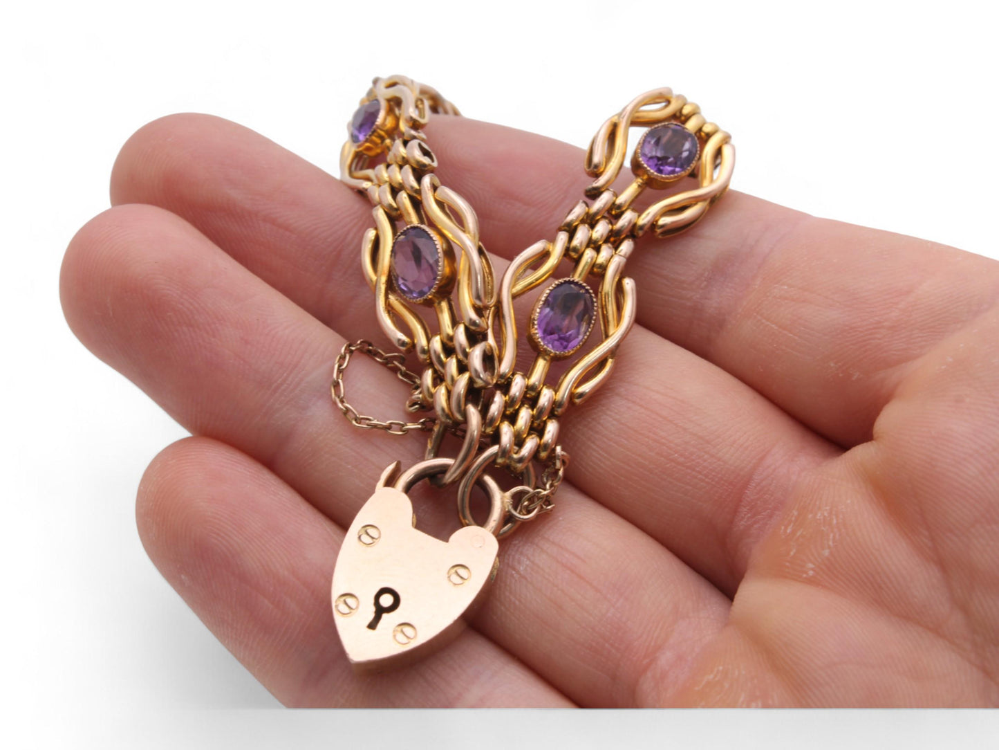 Antique 9ct Gold Amethyst Gate Bracelet With Heart Padlock, 19g