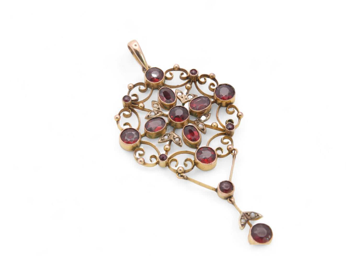 Antique Edwardian 9ct Gold Garnet & Pearl Pendant