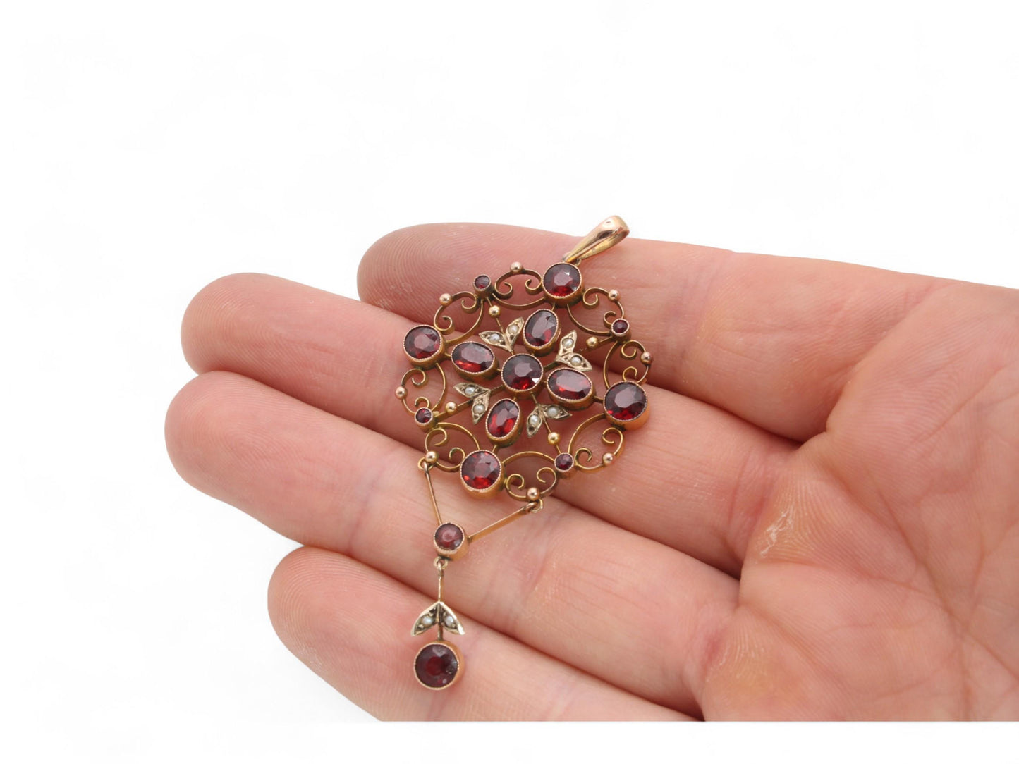 Antique Edwardian 9ct Gold Garnet & Pearl Pendant