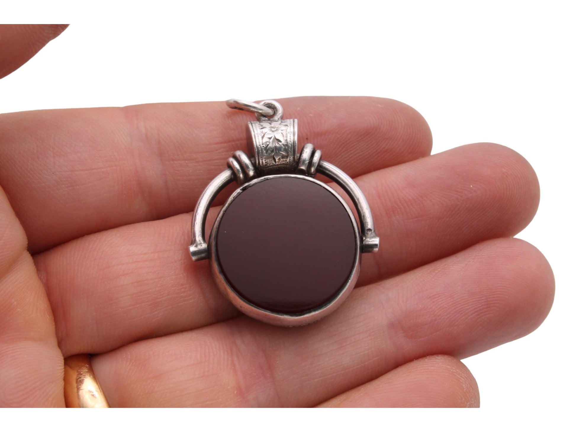 Antique-Sterling-Silver-Bloodstone-Carnelian-Spinner-Pendant,-1892