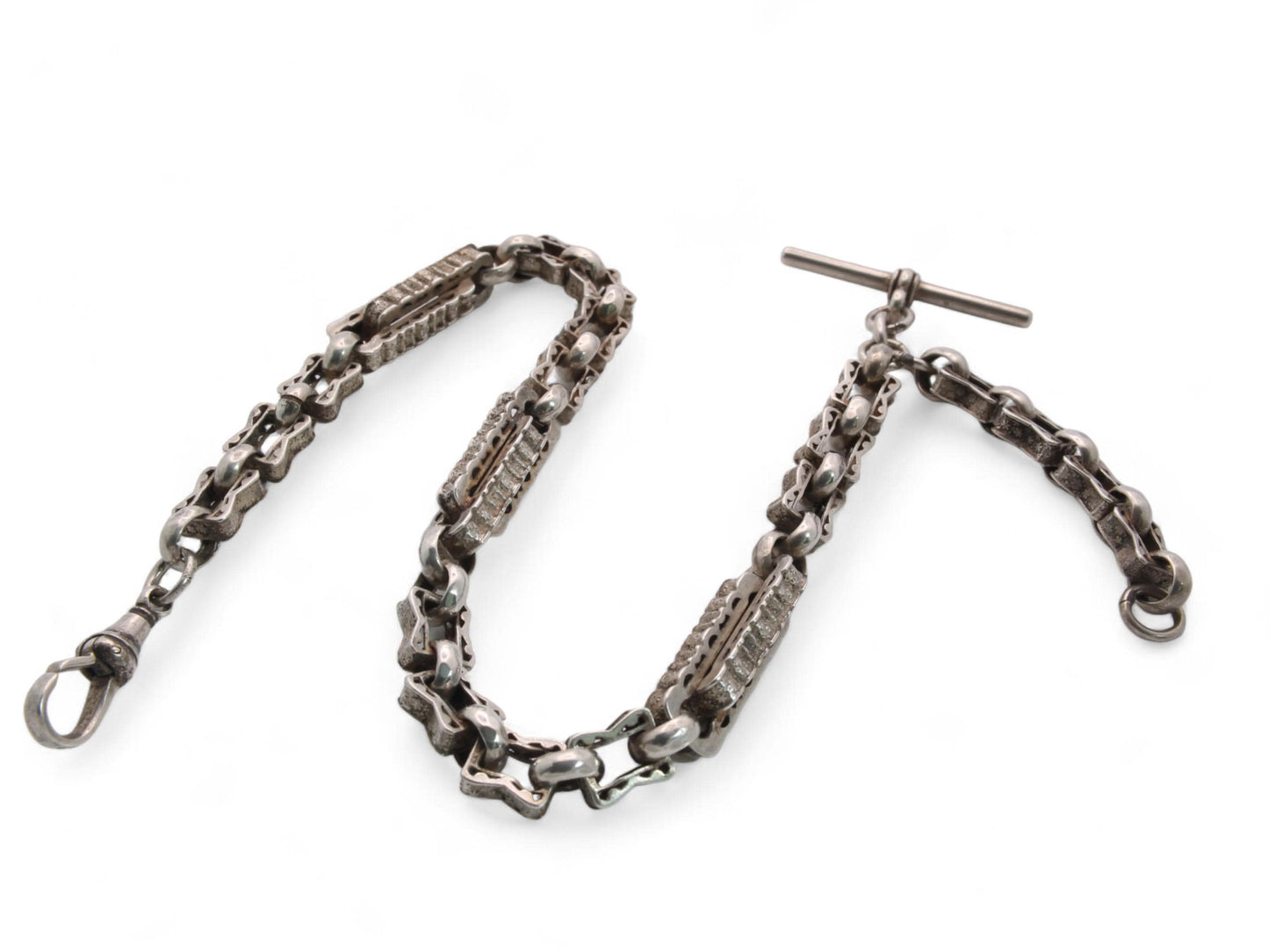 Antique Sterling Silver Fancy Star Link Watch Chain, 14"