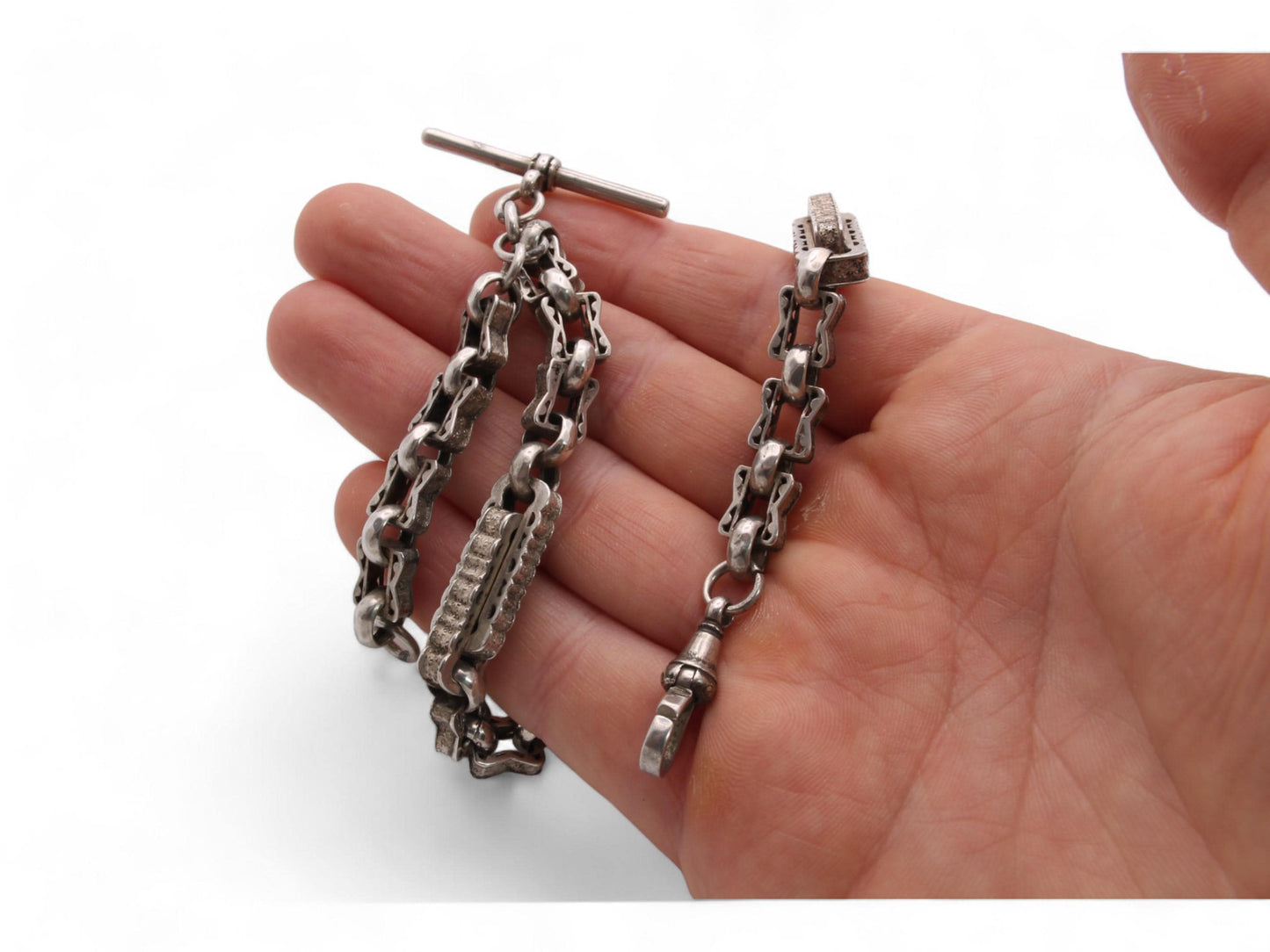 Antique-Sterling-Silver-Fancy-Star-Link-Watch-Chain,-14"