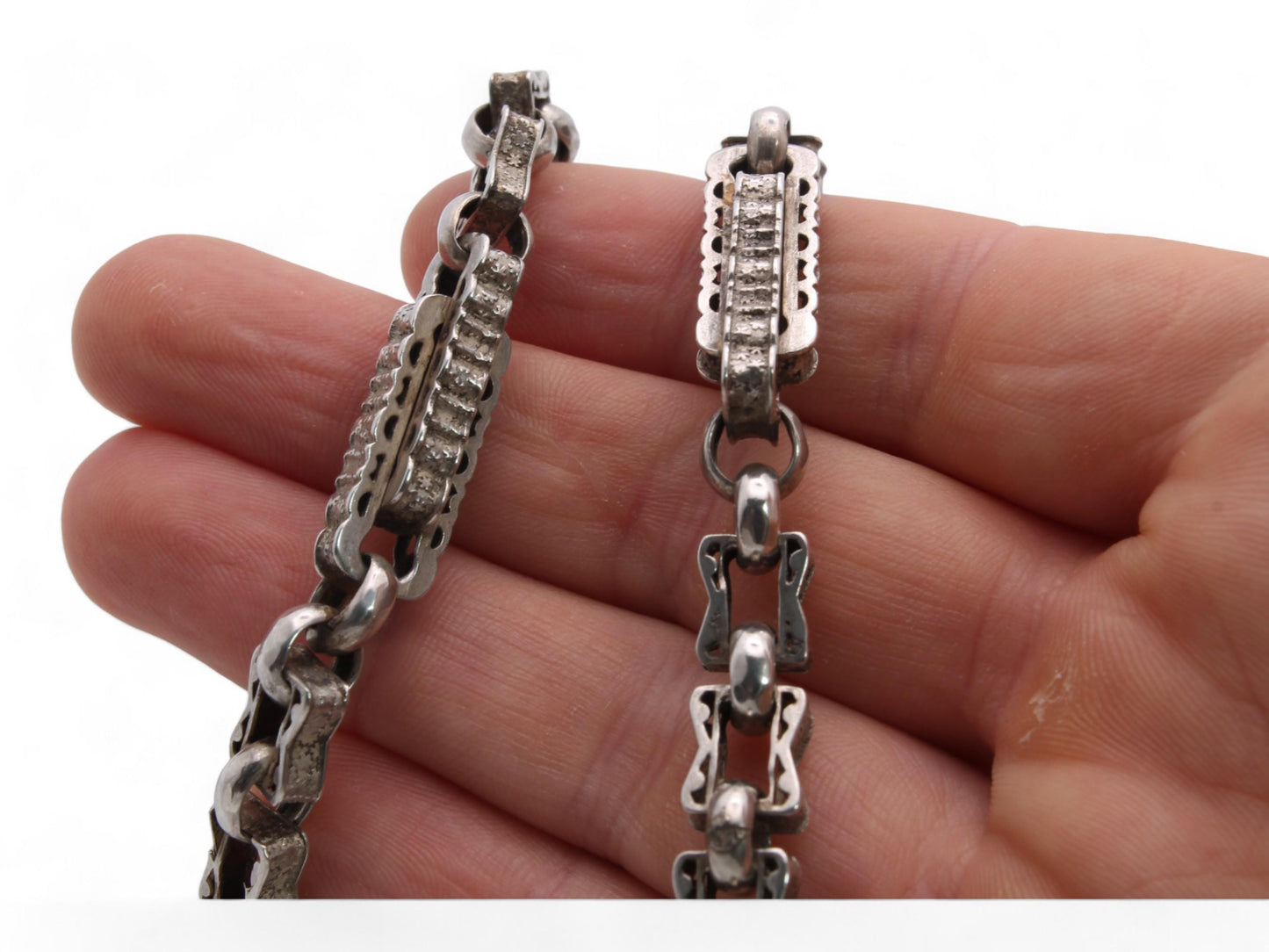 Antique Sterling Silver Fancy Star Link Watch Chain, 14"