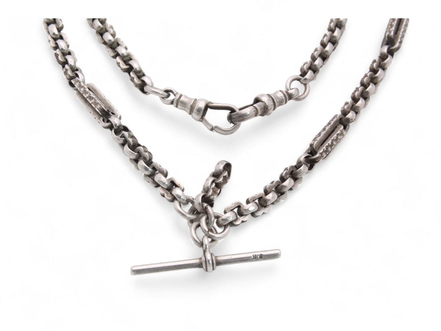 Antique Sterling Silver Fancy Star Link Double Albert Chain, 15.75"