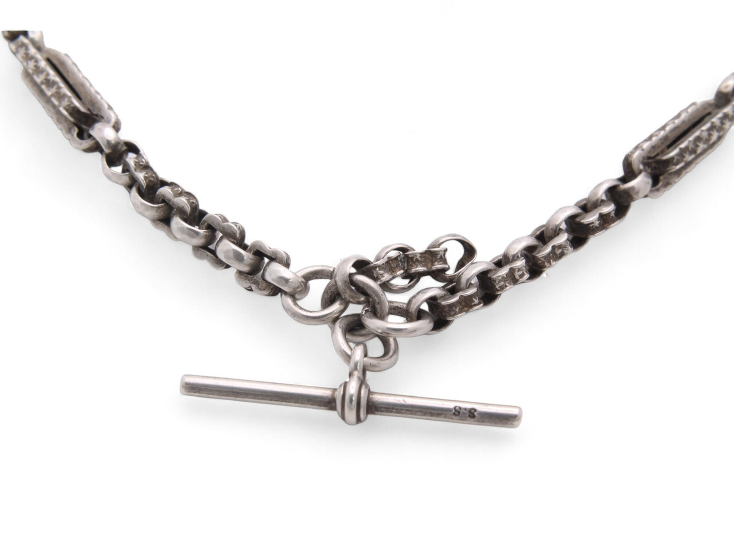 Antique Sterling Silver Fancy Star Link Double Albert Chain, 15.75"