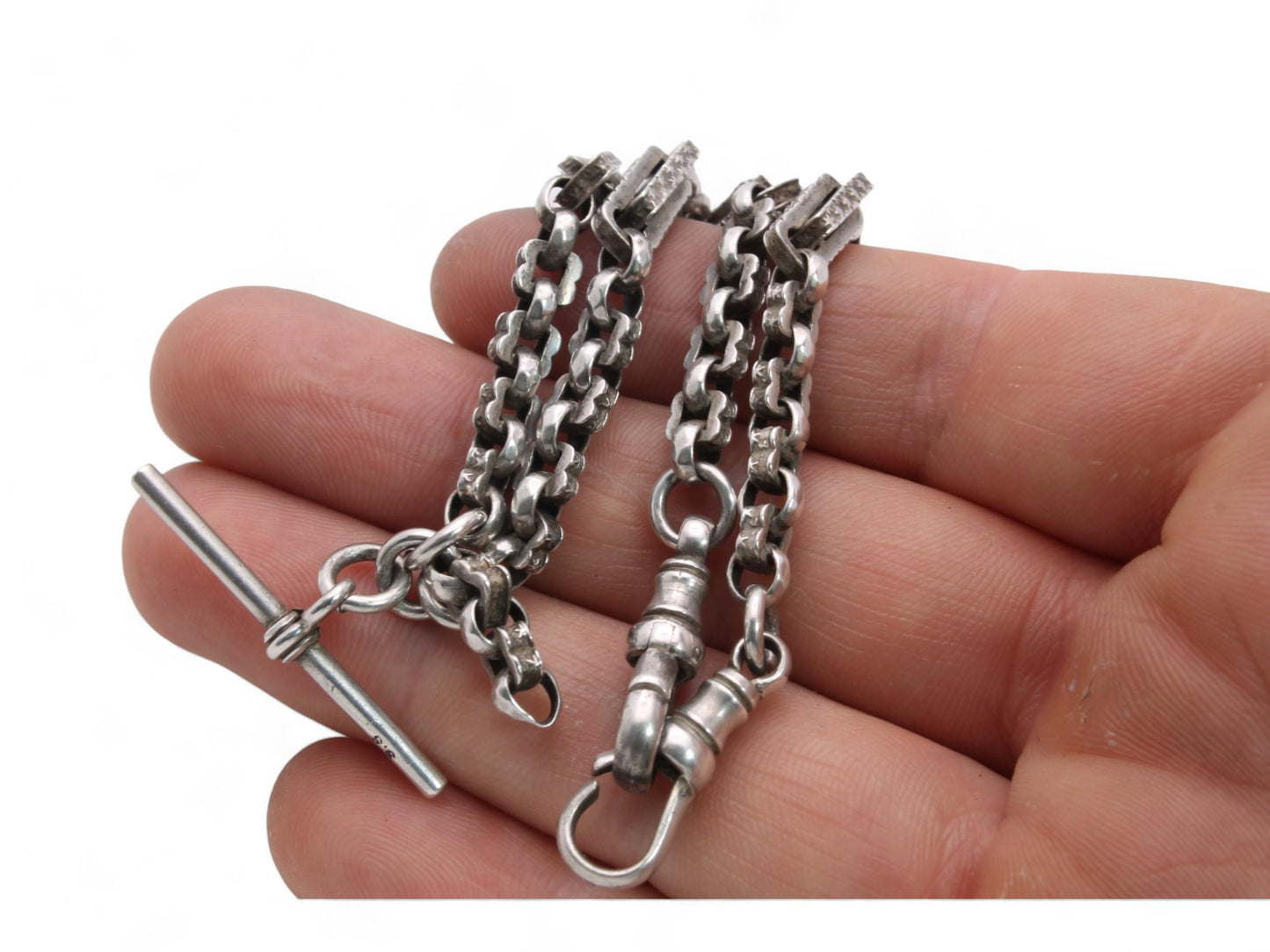 Antique Sterling Silver Fancy Star Link Double Albert Chain, 15.75"