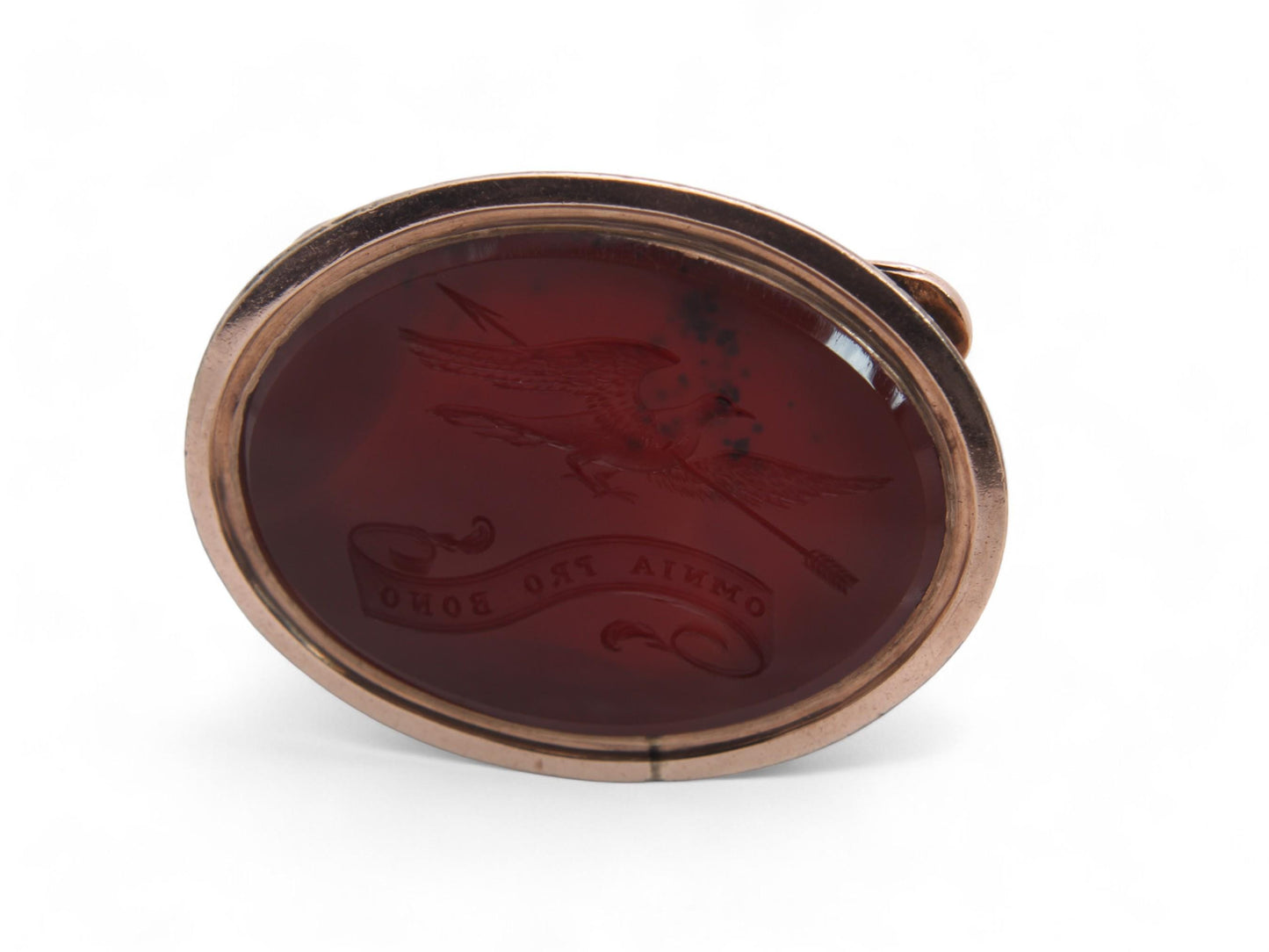 Antique 9ct Gold Carnelian Raven Intaglio "All Things For The Good" Pendant Seal