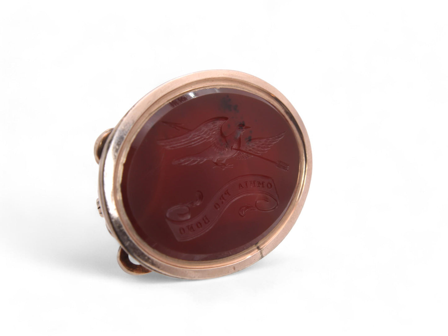 Antique 9ct Gold Carnelian Raven Intaglio "All Things For The Good" Pendant Seal