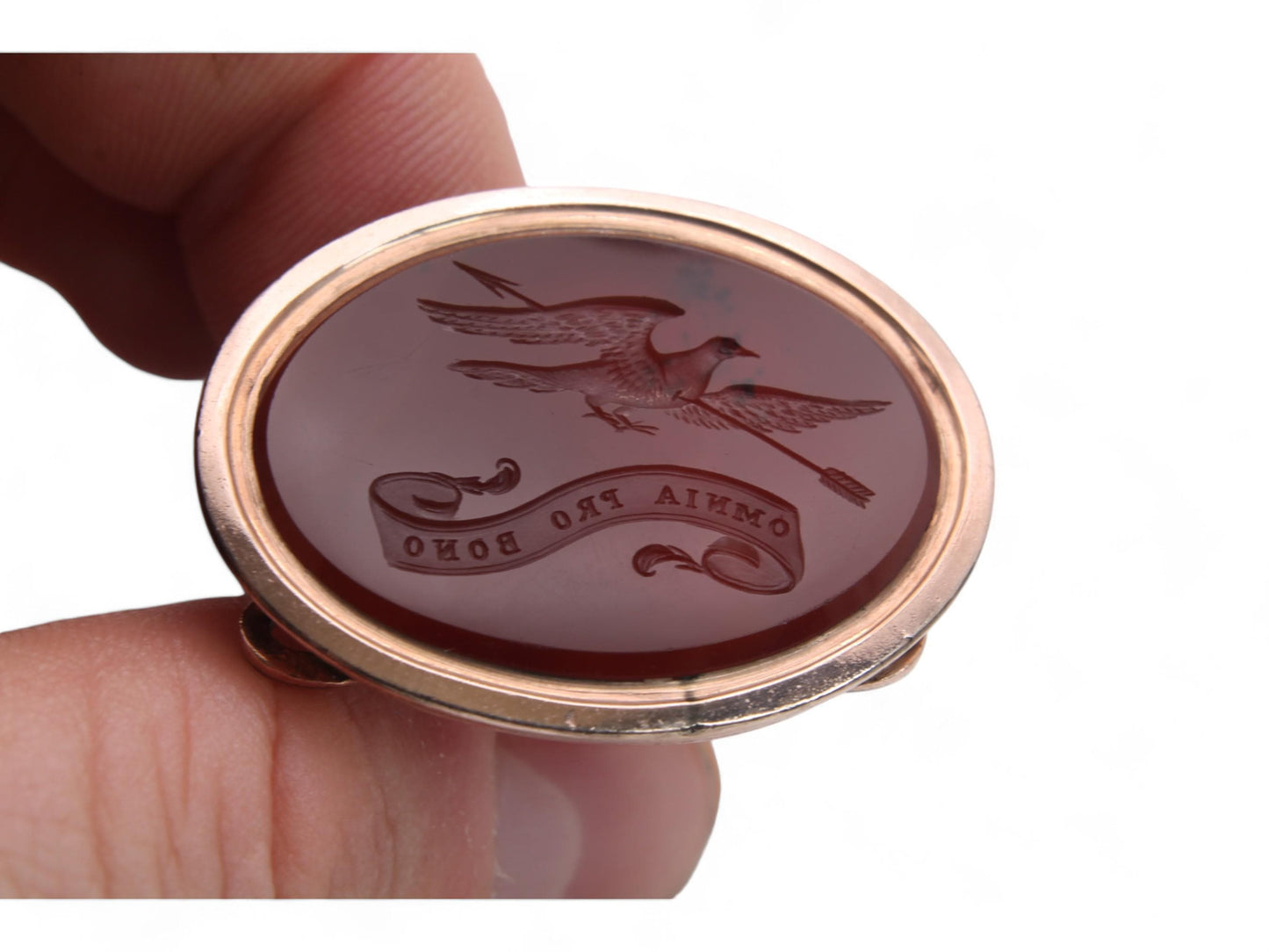 Antique 9ct Gold Carnelian Raven Intaglio "All Things For The Good" Pendant Seal