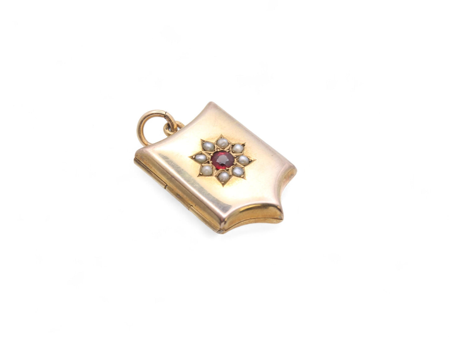 Antique 9ct Gold Shield Shaped Locket With Garnet Pearl Flower