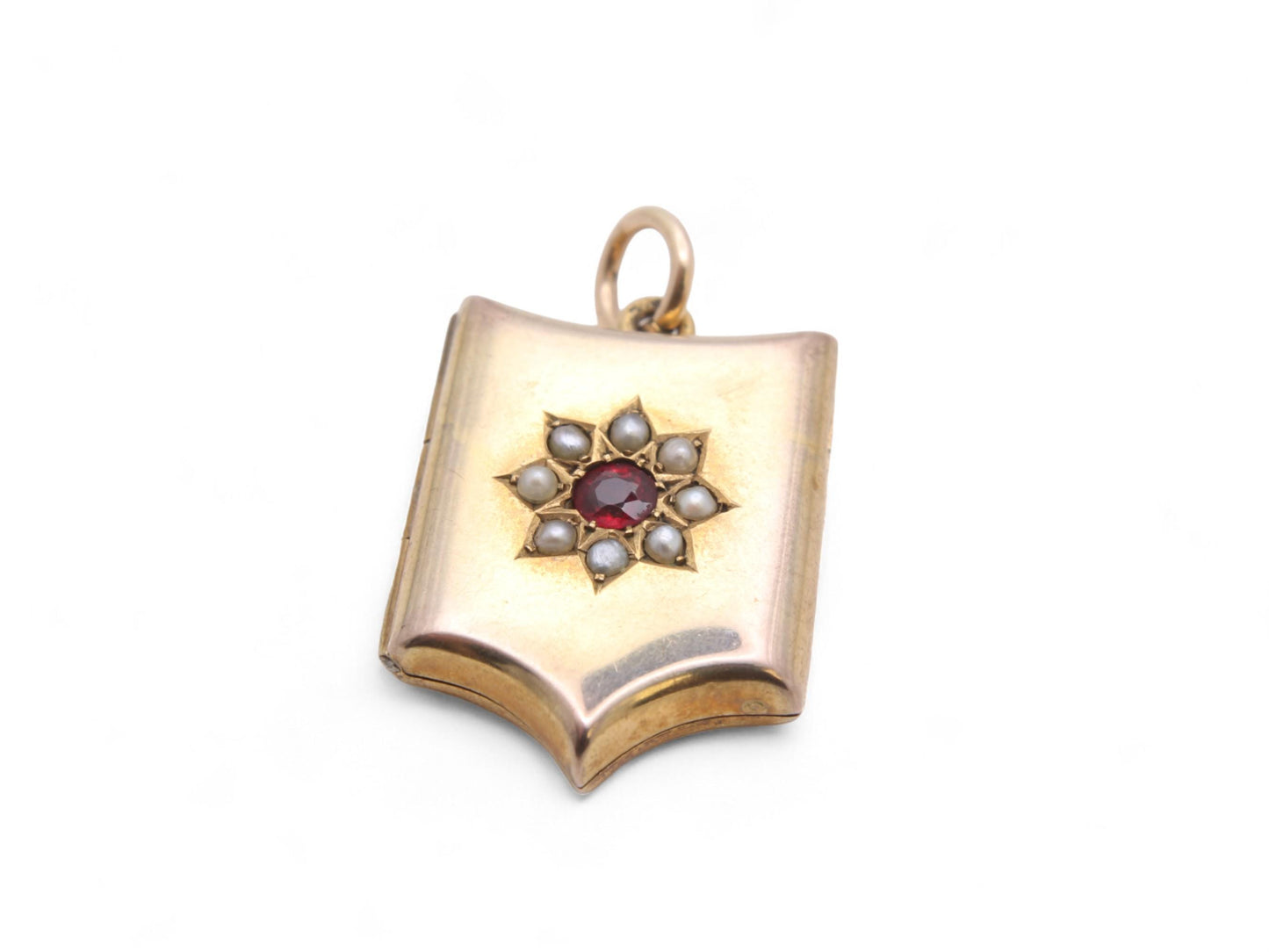 Antique 9ct Gold Shield Shaped Locket With Garnet Pearl Flower