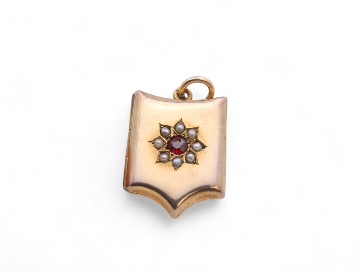 Antique 9ct Gold Shield Shaped Locket With Garnet Pearl Flower