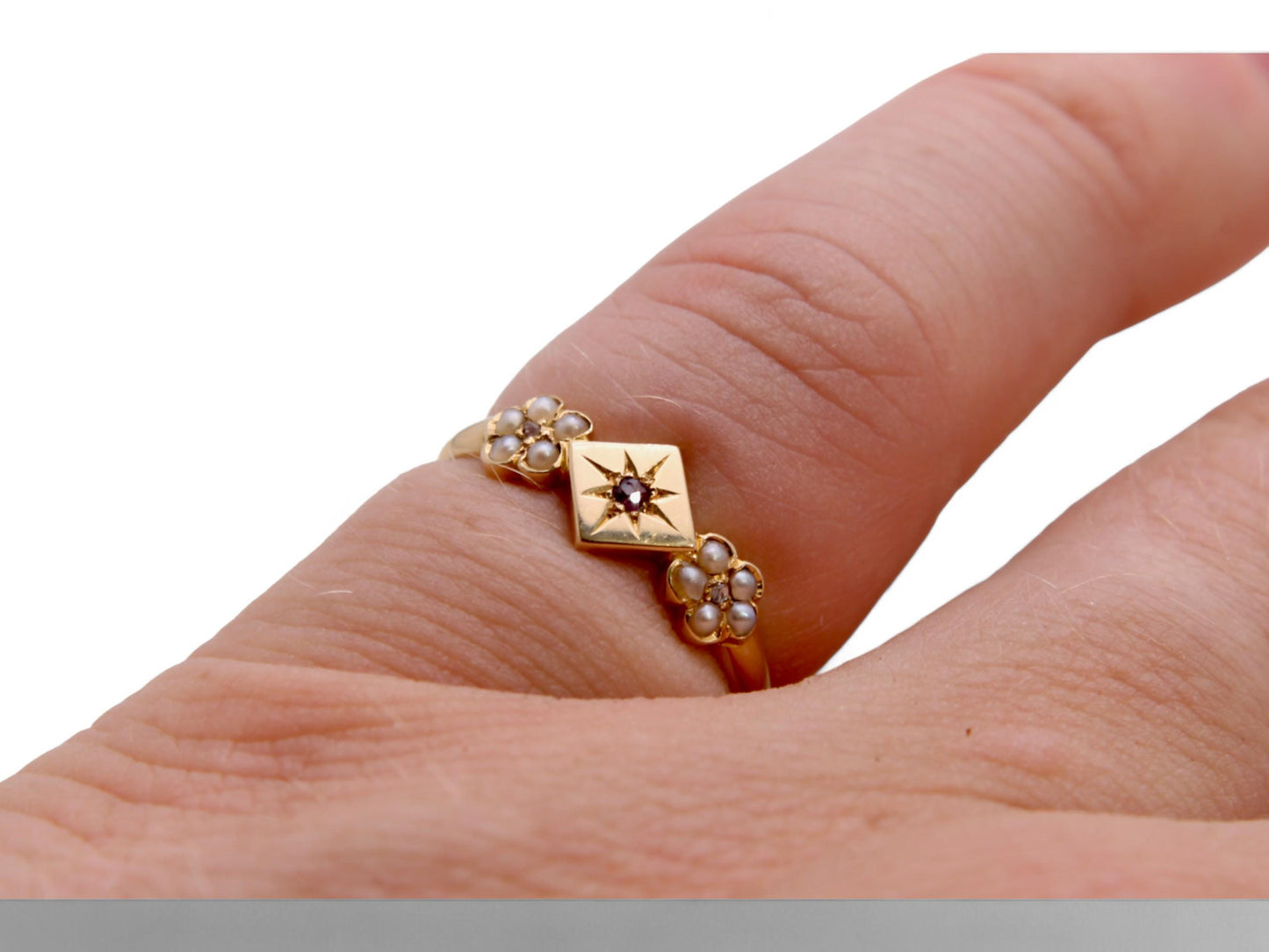 Antique 18ct Gold Ruby Pearl Flower Ring