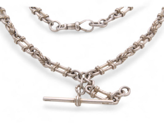 Antique Sterling Silver Lovers Knot Trombone Link Albert Chain Necklace, 15"