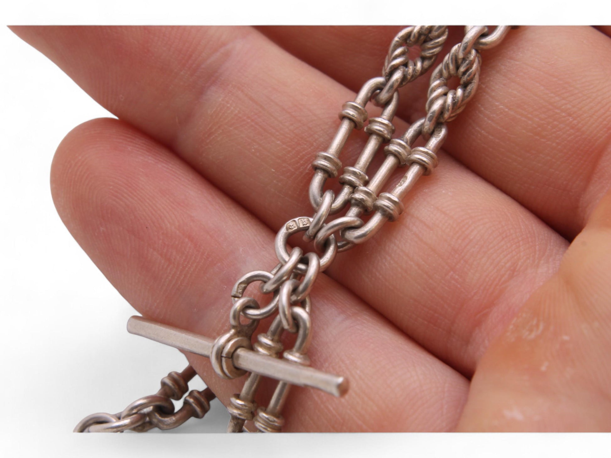 Antique-Sterling-Silver-Lovers-Knot-Trombone-Link-Albert-Chain-Necklace,-15"
