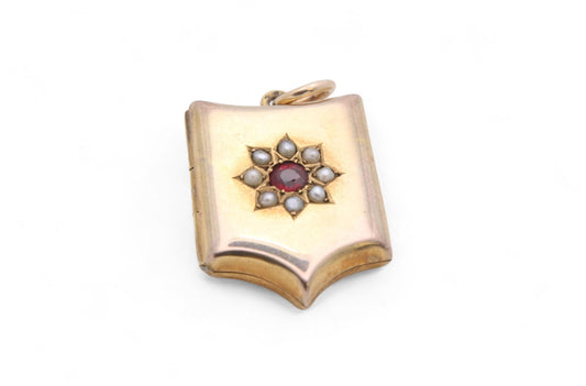 Antique 9ct Gold Shield Shaped Locket With Garnet Pearl Flower