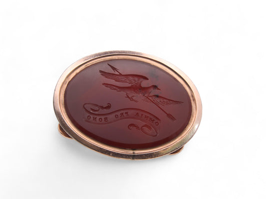 Antique 9ct Gold Carnelian Raven Intaglio "All Things For The Good" Pendant Seal