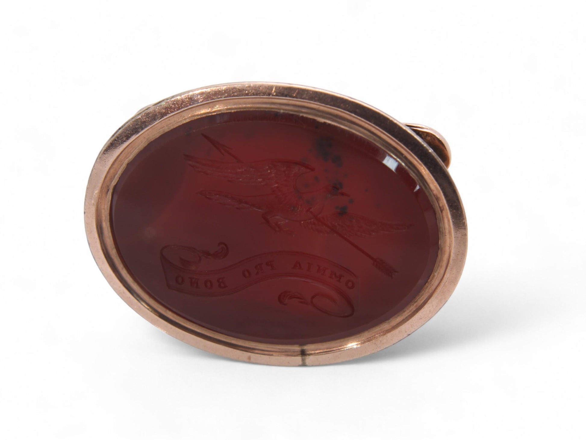 Antique-9ct-Gold-Carnelian-Raven-Intaglio-"All-Things-For-The-Good"-Pendant-Seal