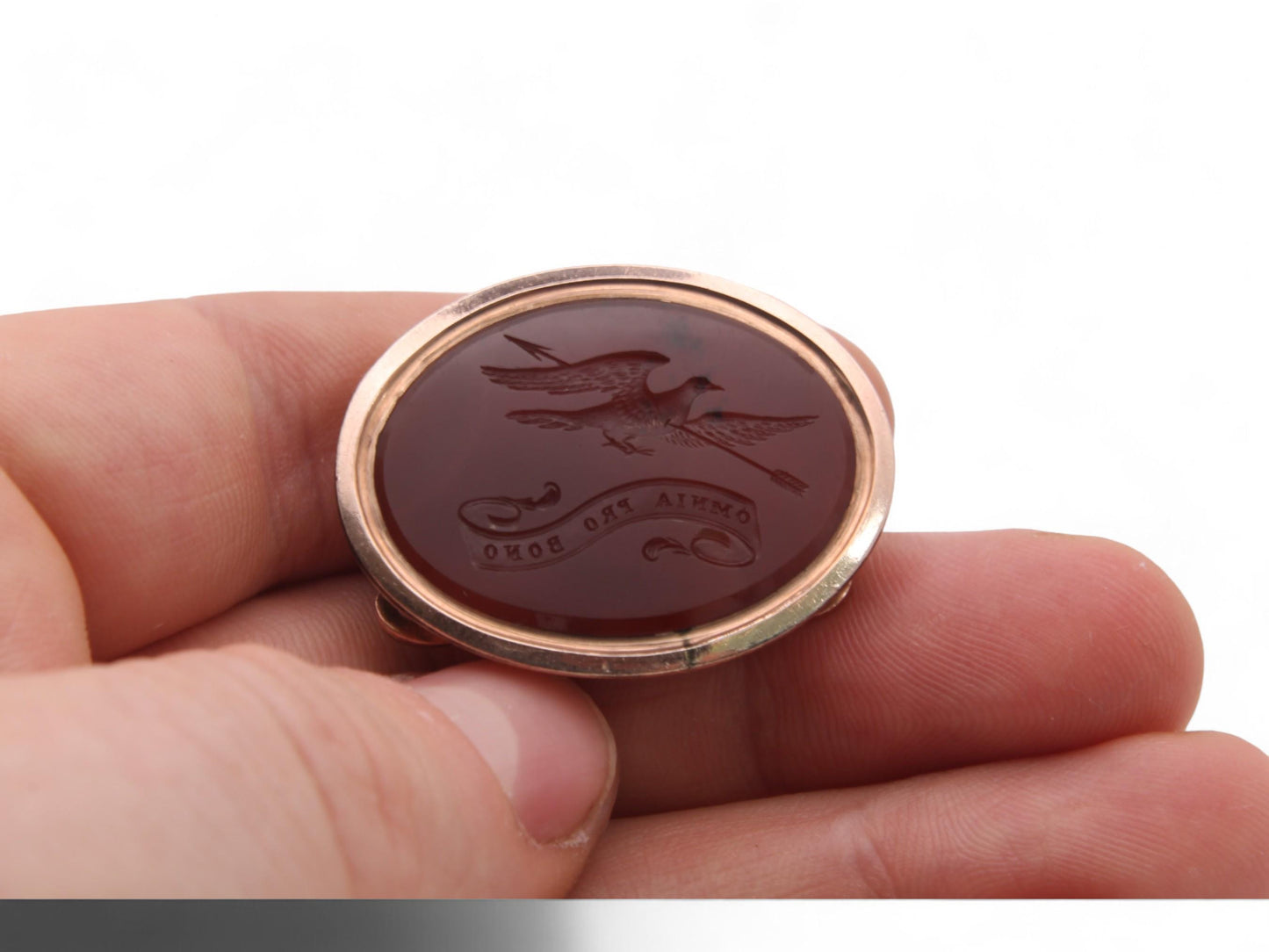 Antique 9ct Gold Carnelian Raven Intaglio "All Things For The Good" Pendant Seal