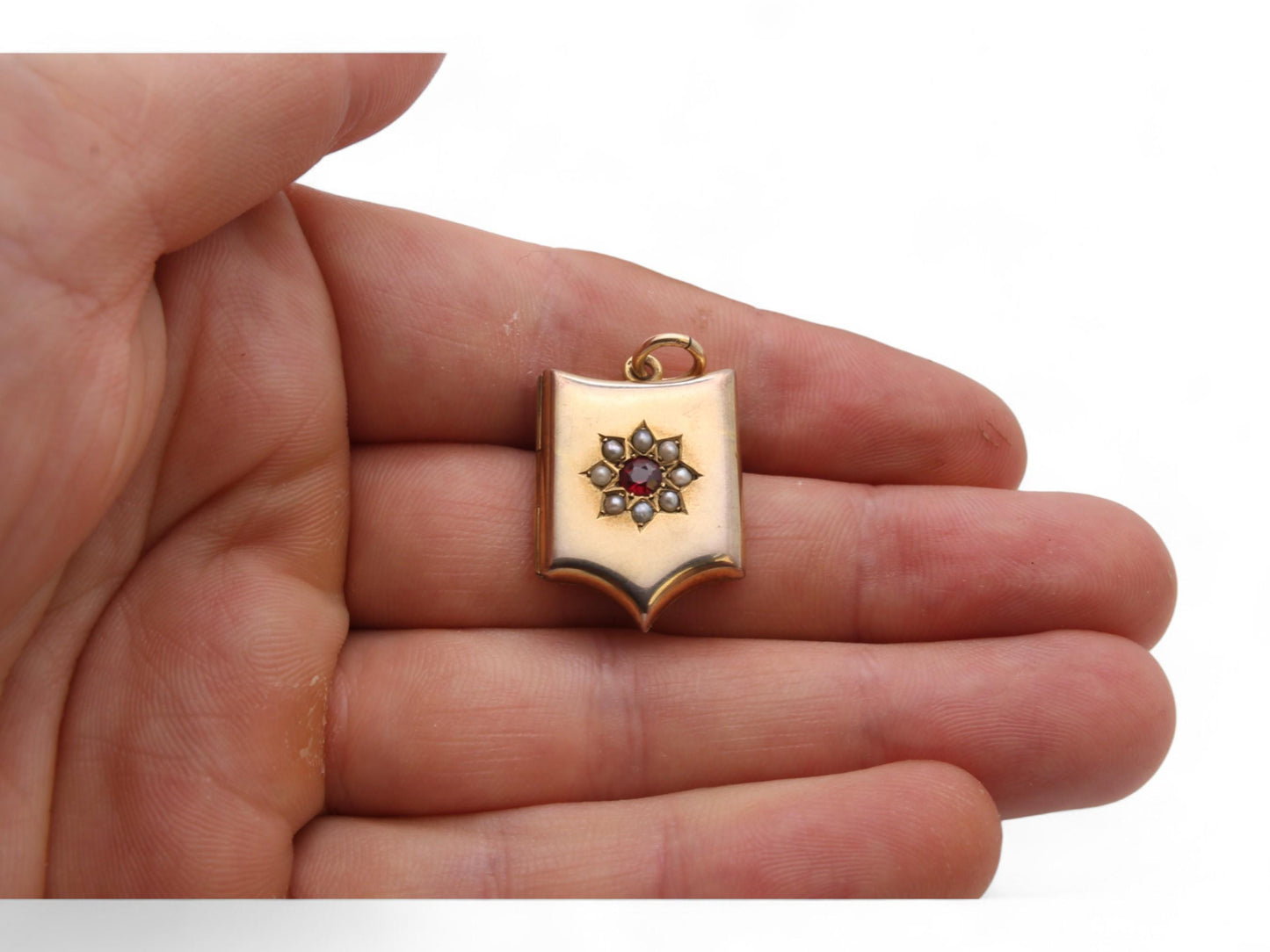 Antique 9ct Gold Shield Shaped Locket With Garnet Pearl Flower