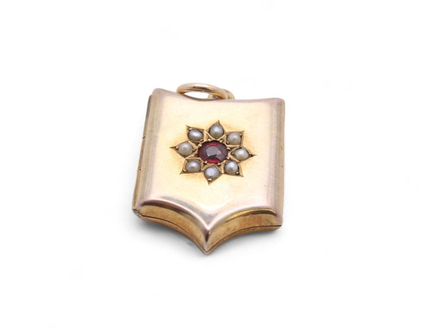 Antique-9ct-Gold-Shield-Shaped-Locket-With-Garnet-Pearl-Flower