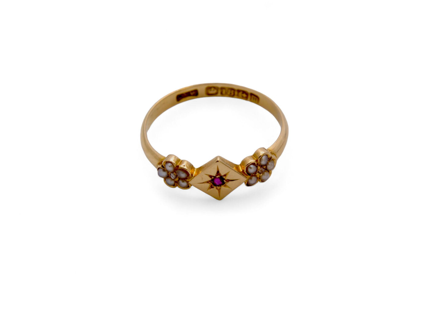 Antique 18ct Gold Ruby Pearl Flower Ring