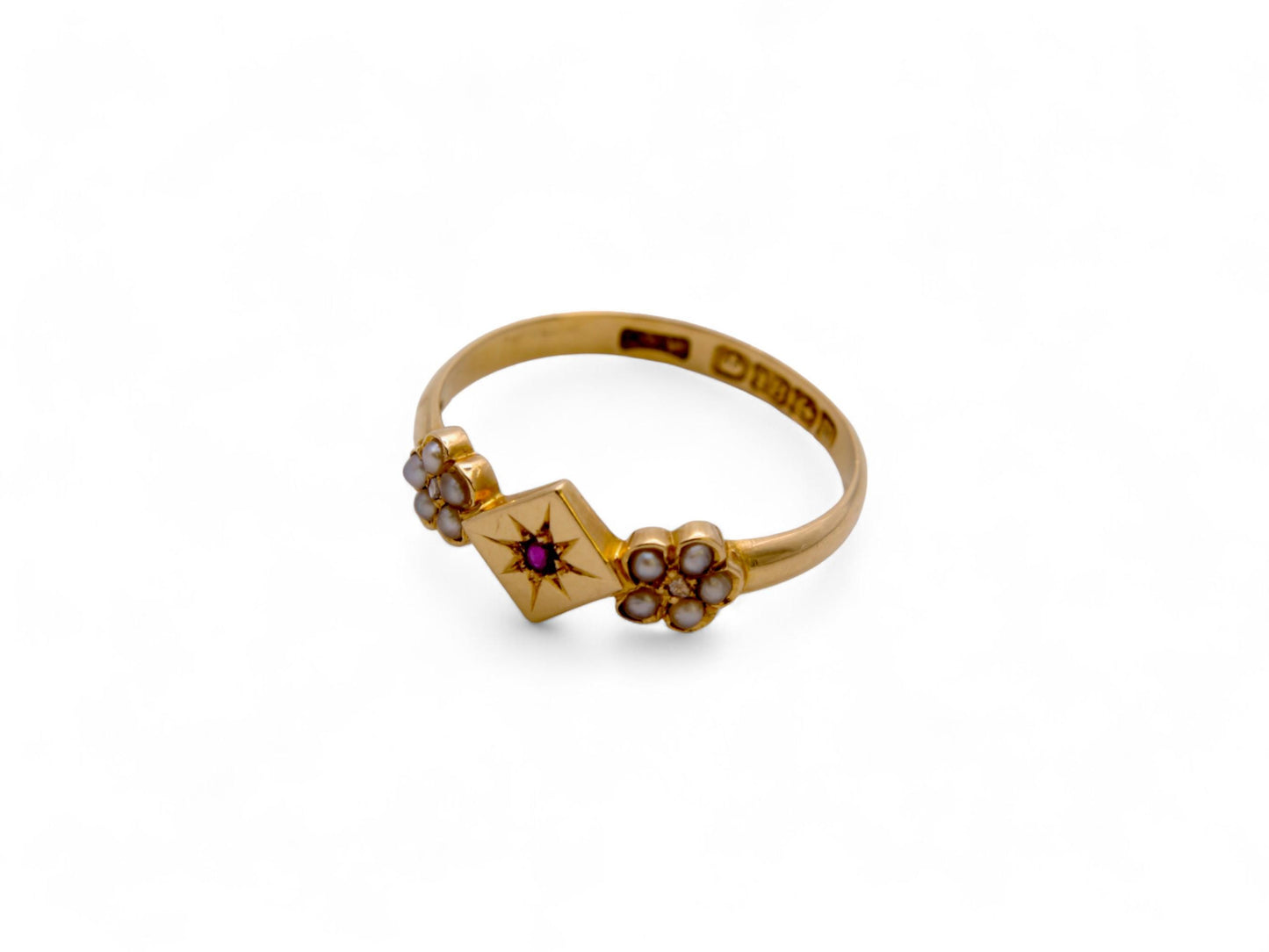 Antique 18ct Gold Ruby Pearl Flower Ring