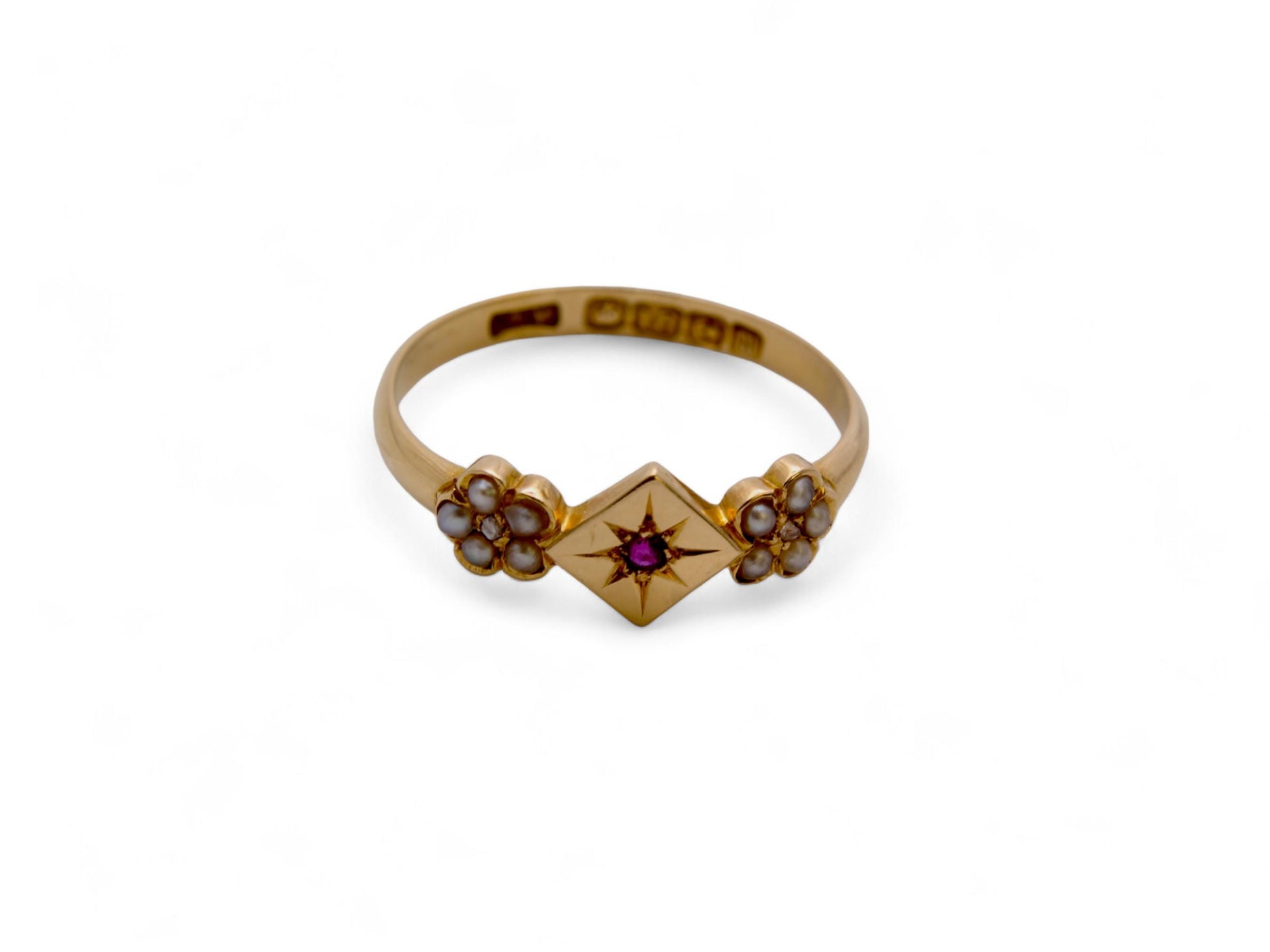 Antique-18ct-Gold-Ruby-Pearl-Flower-Ring