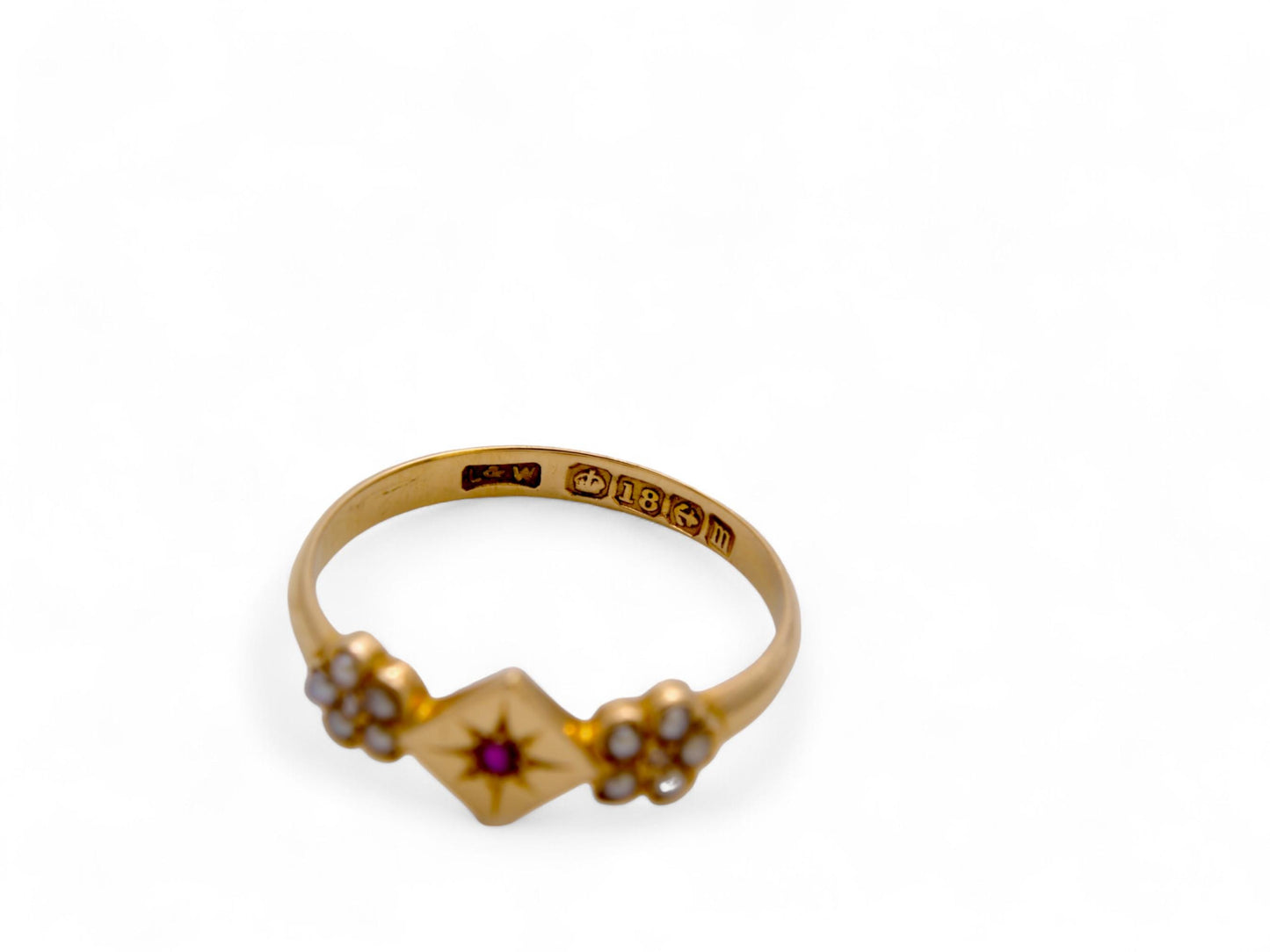 Antique 18ct Gold Ruby Pearl Flower Ring