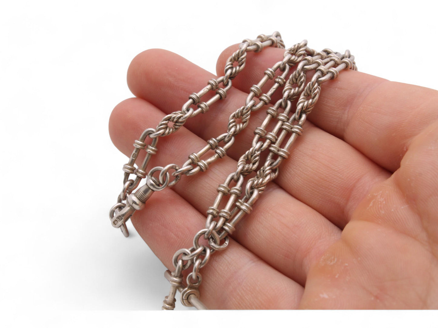 Antique Sterling Silver Lovers Knot Trombone Link Albert Chain Necklace, 15"
