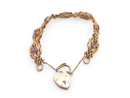 Antique 9ct Gold Amethyst Gate Bracelet With Heart Padlock, 19g