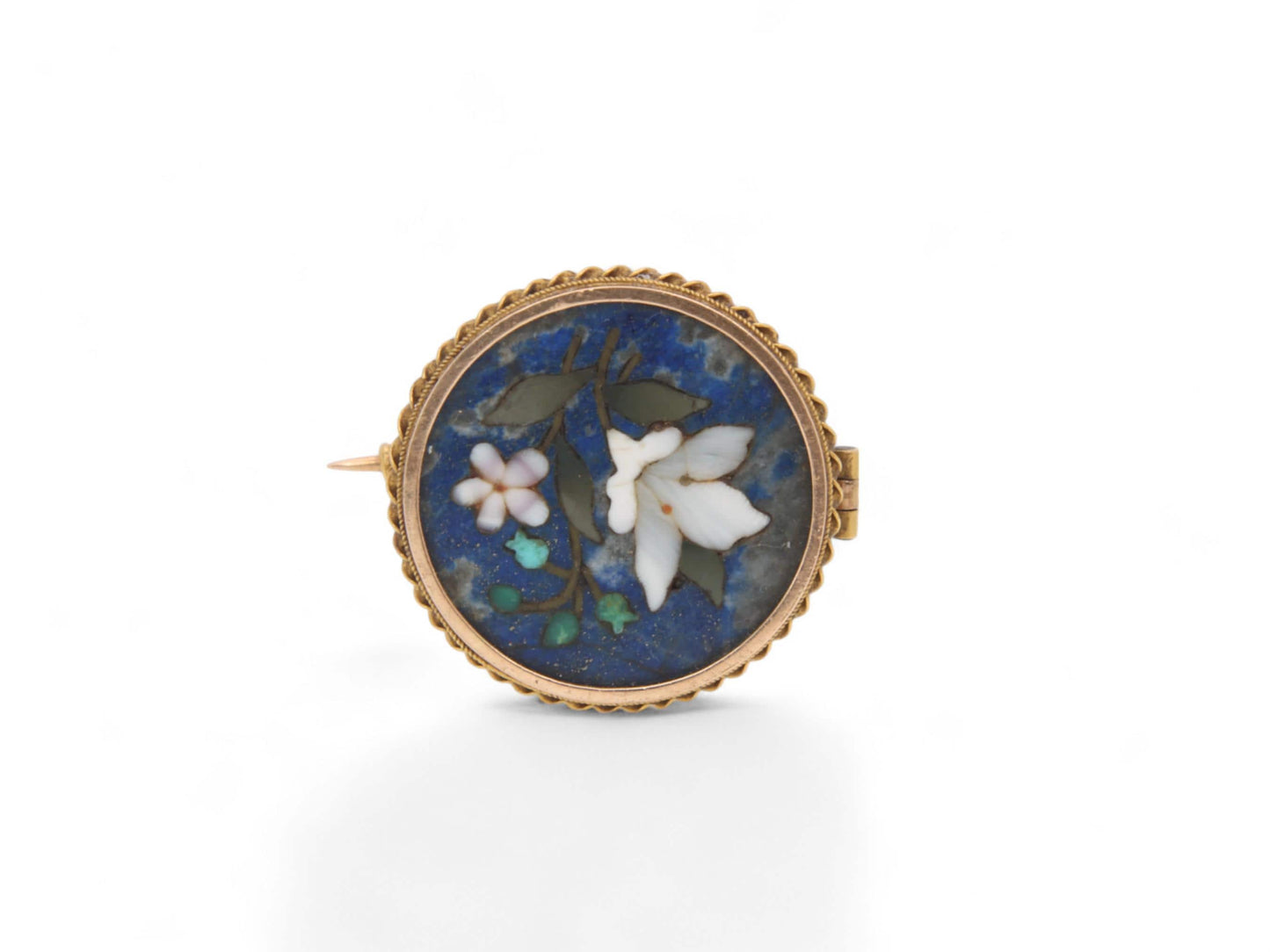 Antique 9ct Gold Pietra Dura Flower Brooch