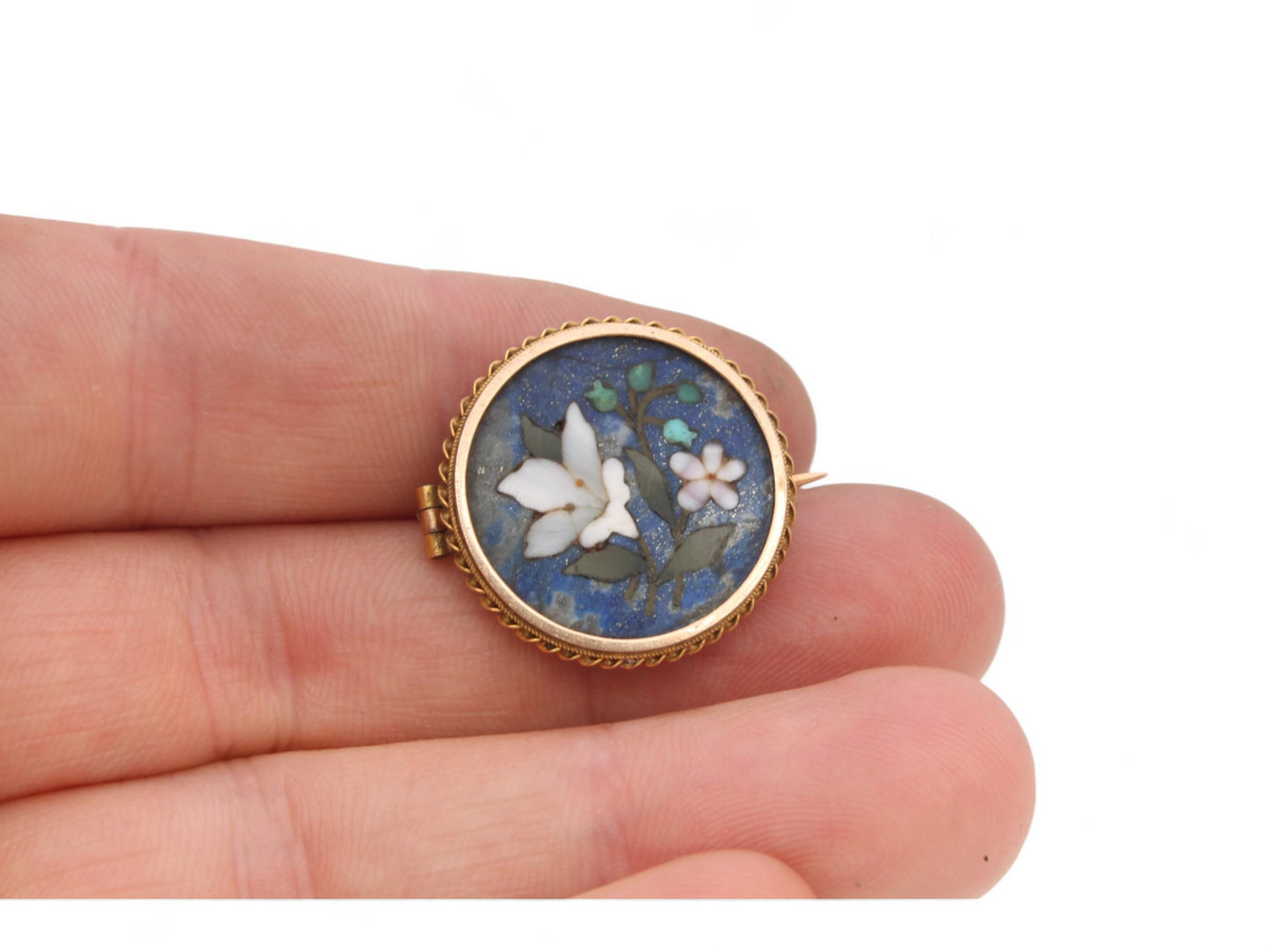 Antique 9ct Gold Pietra Dura Flower Brooch