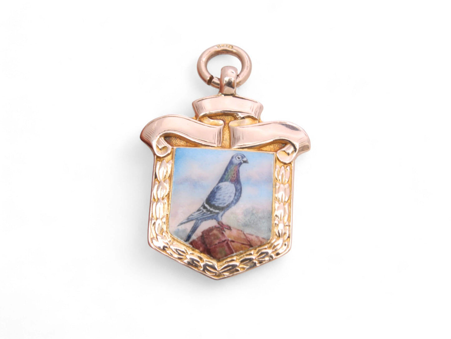 Antique 9ct Gold Pigeon Porcelain Pendant