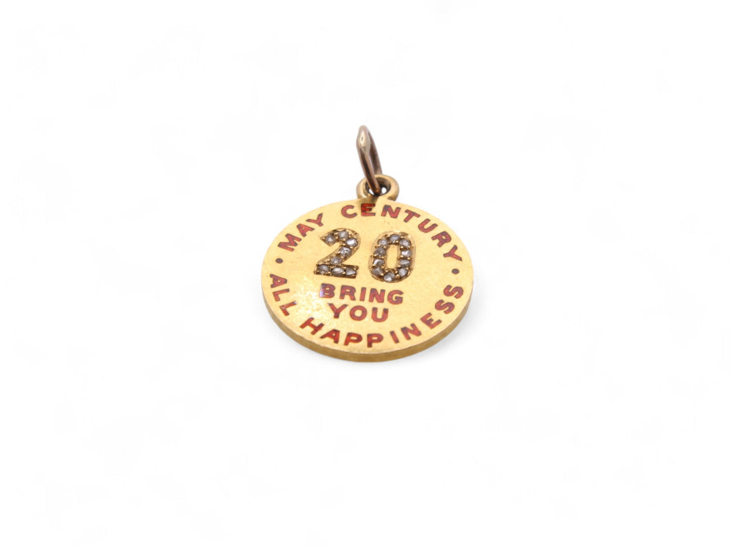 Antique 18ct Gold Diamond Pendant "May 20 Century Bring You All Happiness'