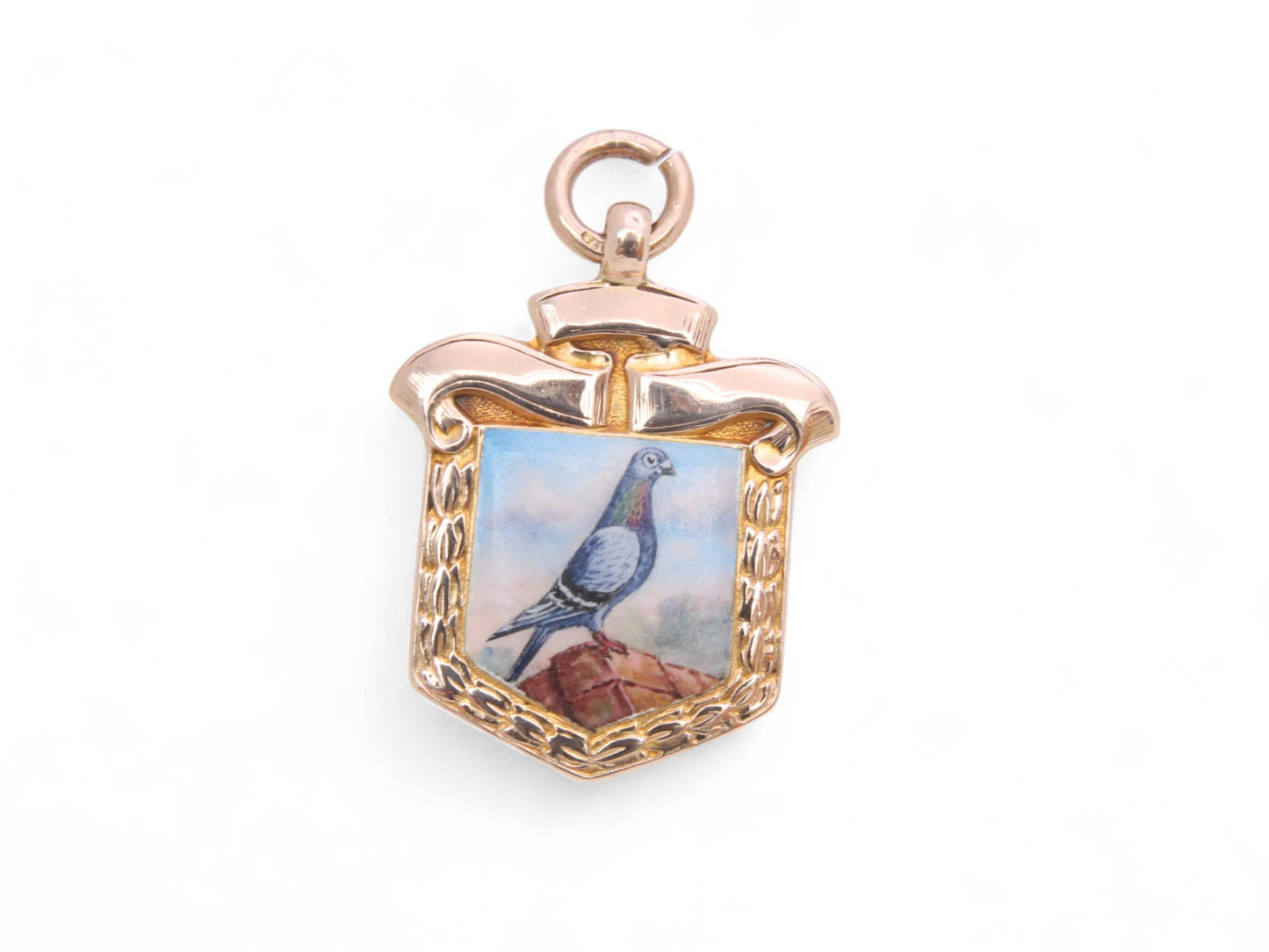 Antique 9ct Gold Pigeon Porcelain Pendant