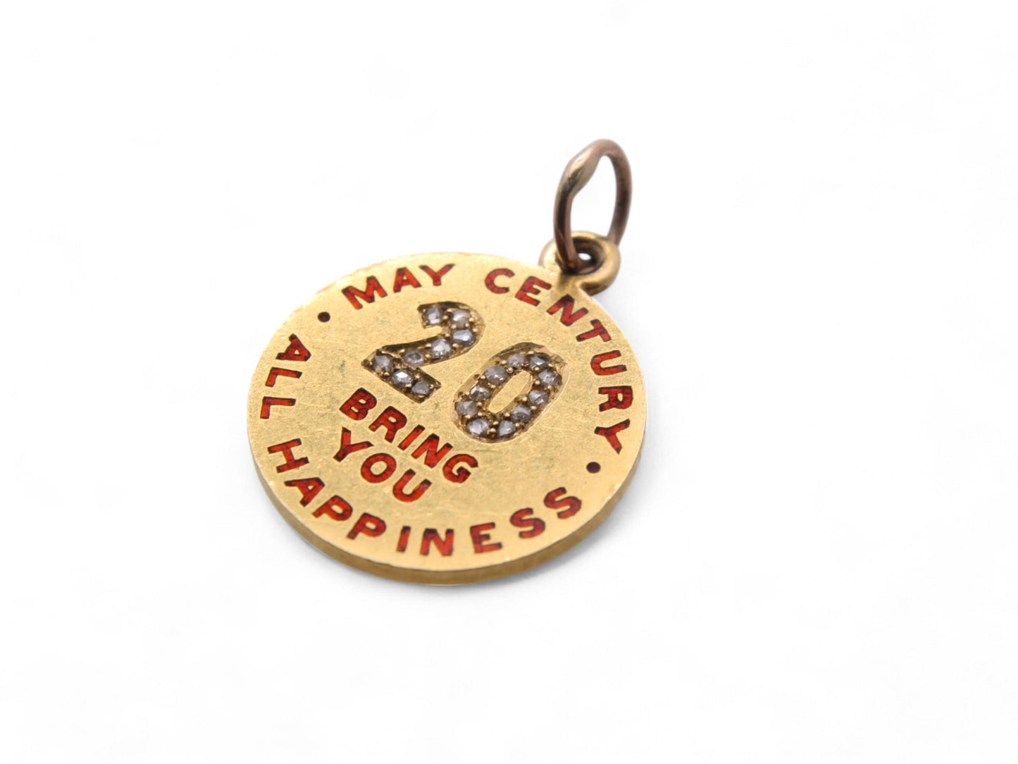 Antique 18ct Gold Diamond Pendant "May 20 Century Bring You All Happiness'