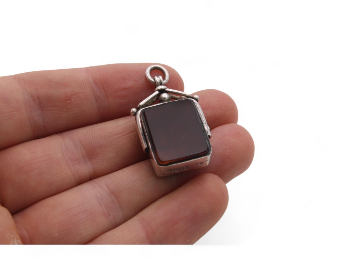 Antique Sterling Silver Bloodstone Carnelian Spinner Pendant, 1887