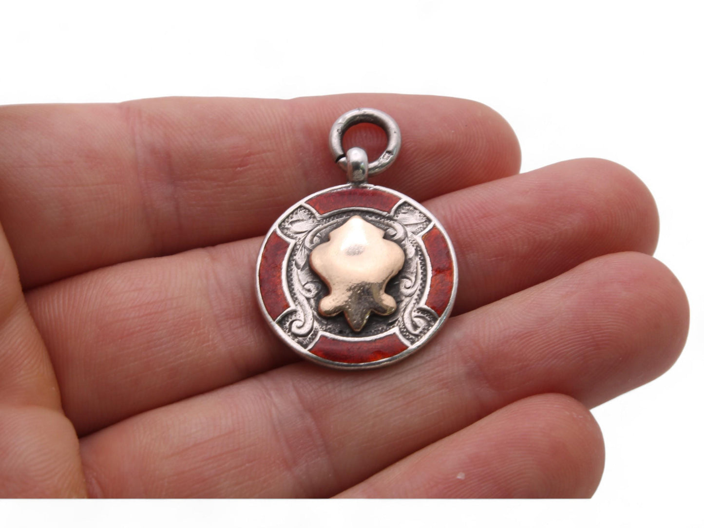 Antique Sterling Silver Gold & Red Enamel Pendant