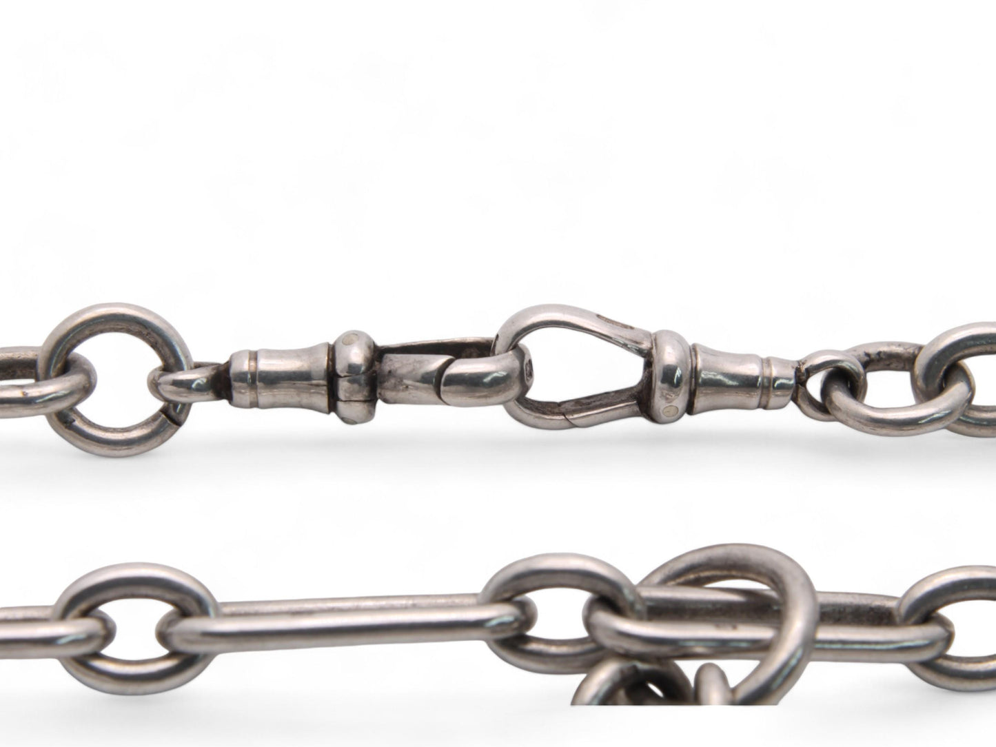 Antique Sterling Silver Trombone Link Double Albert Chain, 16"