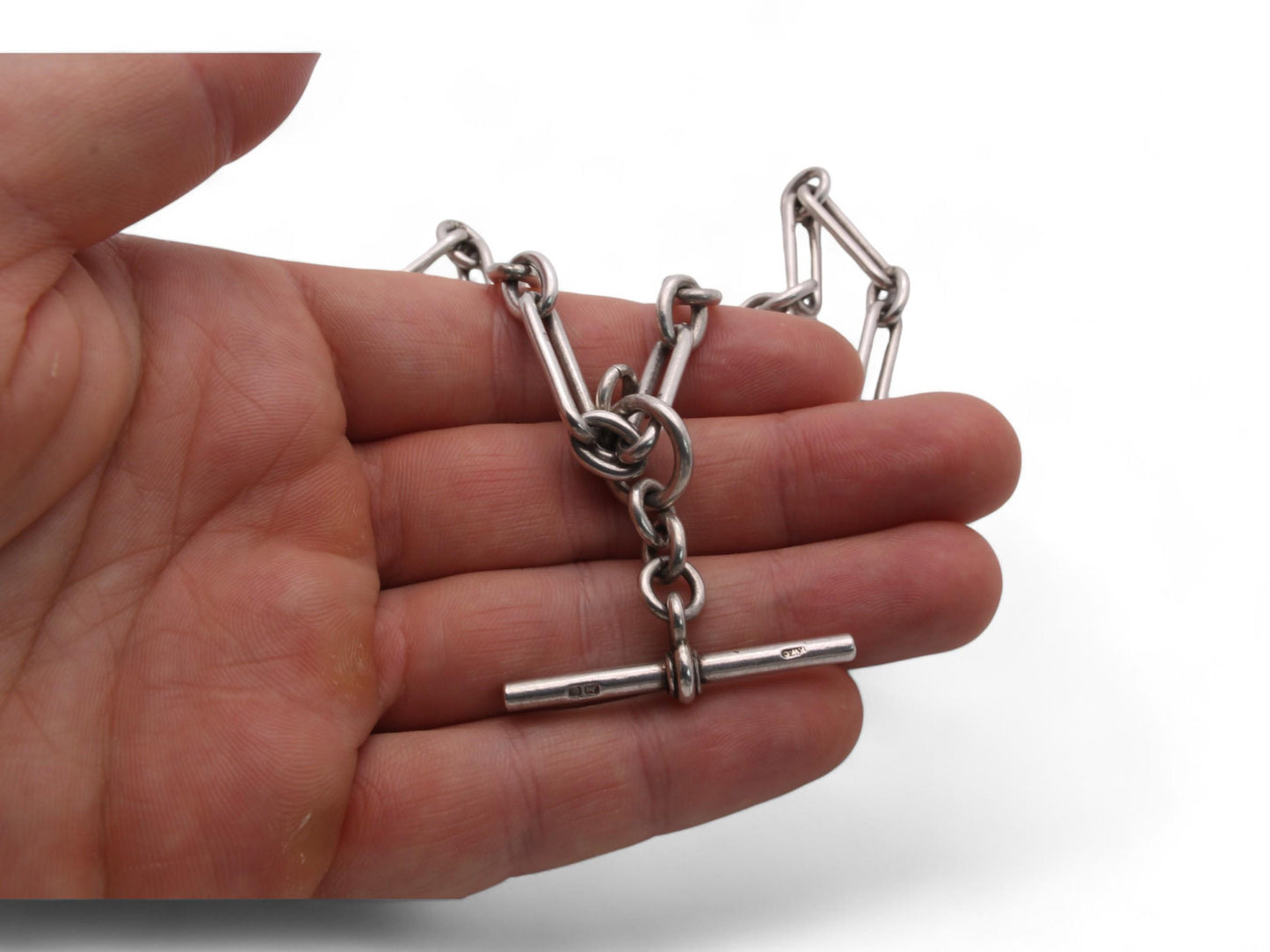 Antique Sterling Silver Trombone Link Double Albert Chain, 16"