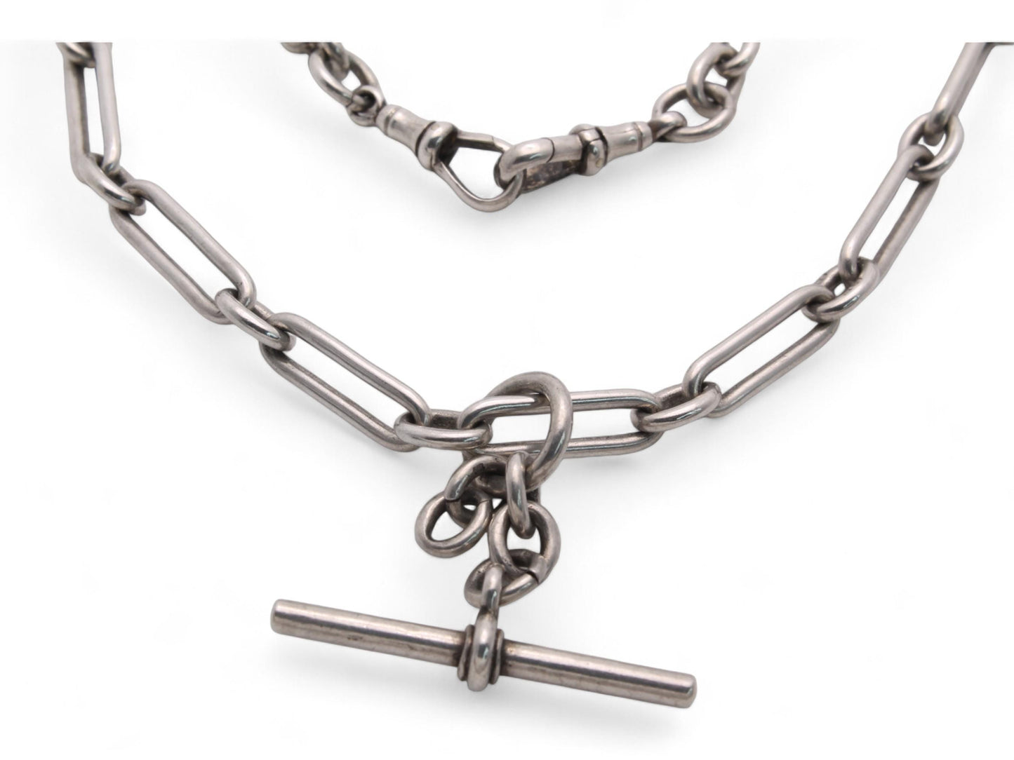 Antique Sterling Silver Trombone Link Double Albert Chain, 16"