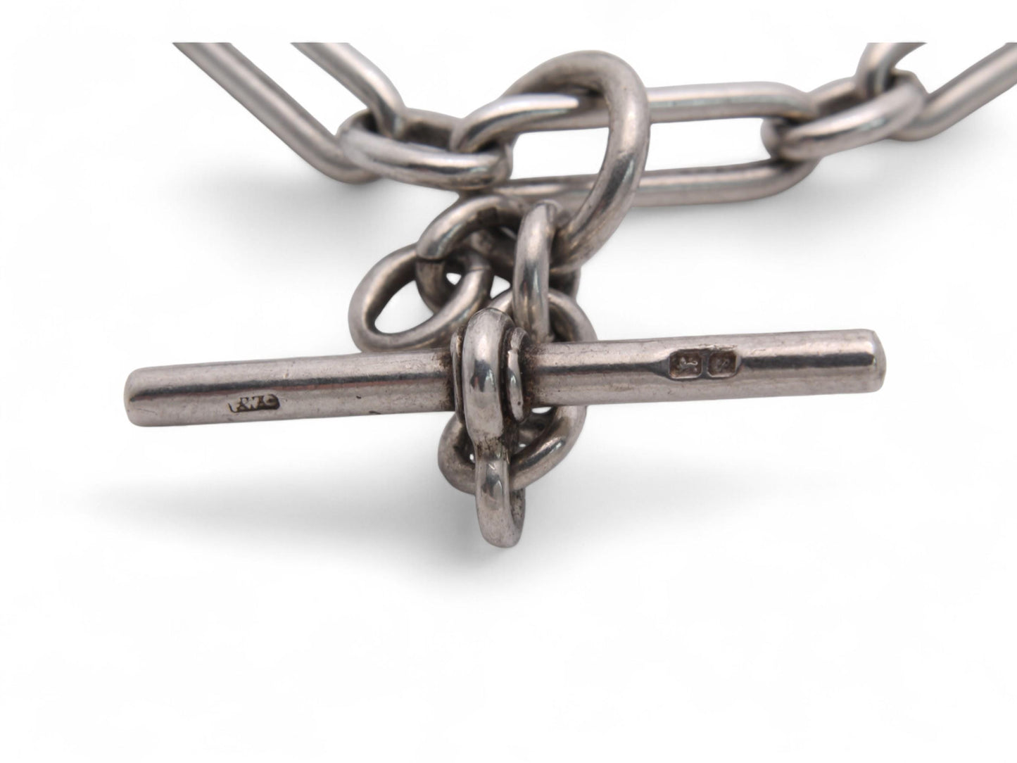 Antique Sterling Silver Trombone Link Double Albert Chain, 16"